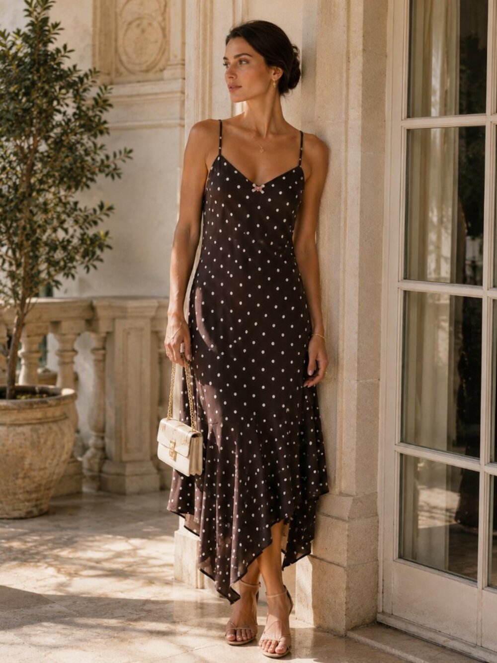 MONTEAU Brown Polka Dot Asymmetrical Slip Dress Romantic Wedding Guest Chic M